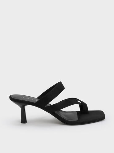 Textured Asymmetric Toe Ring Heeled Sandals, Black, hi-res