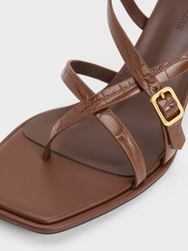 Croc-Effect Strappy Block-Heel Thong Sandals, Animal Print Brown, hi-res