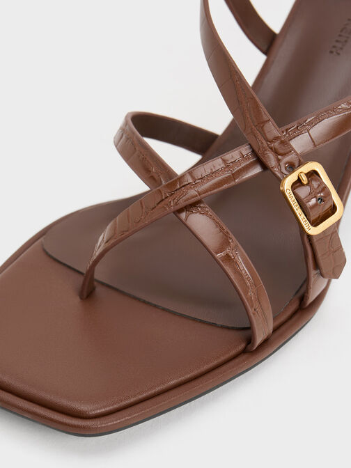 Croc-Effect Strappy Block-Heel Thong Sandals, Animal Print Brown, hi-res