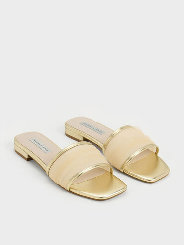 Metallic Chiffon Ruched Slides, Gold, hi-res