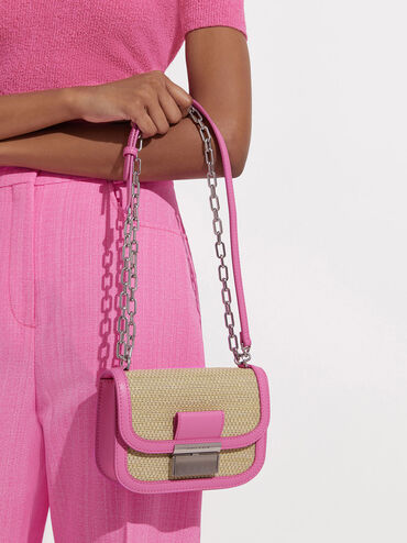 Charlot Raffia Chain Strap Bag, Pink, hi-res