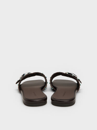 Studded Buckled Slide Sandals, Dark Brown, hi-res