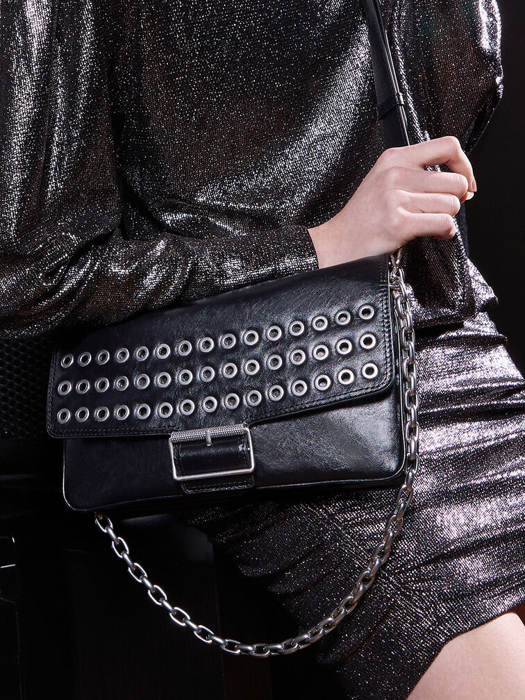 Liv Grommet Chain-Handle Shoulder Bag, Noir, hi-res