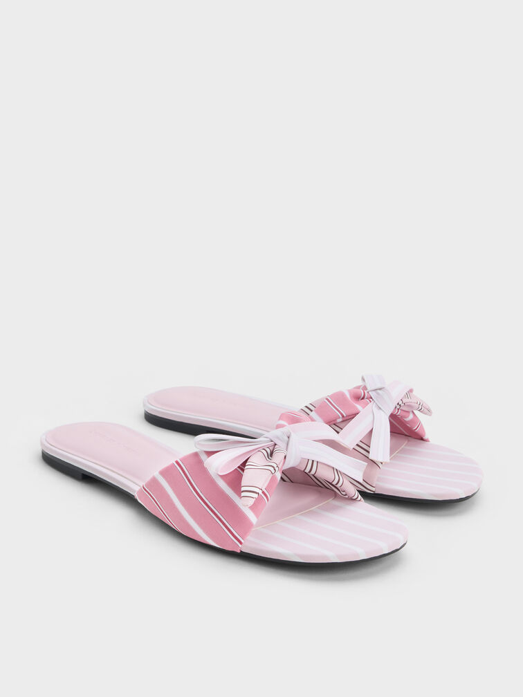 Striped Knot-Bow Slide Sandals, Light Pink, hi-res