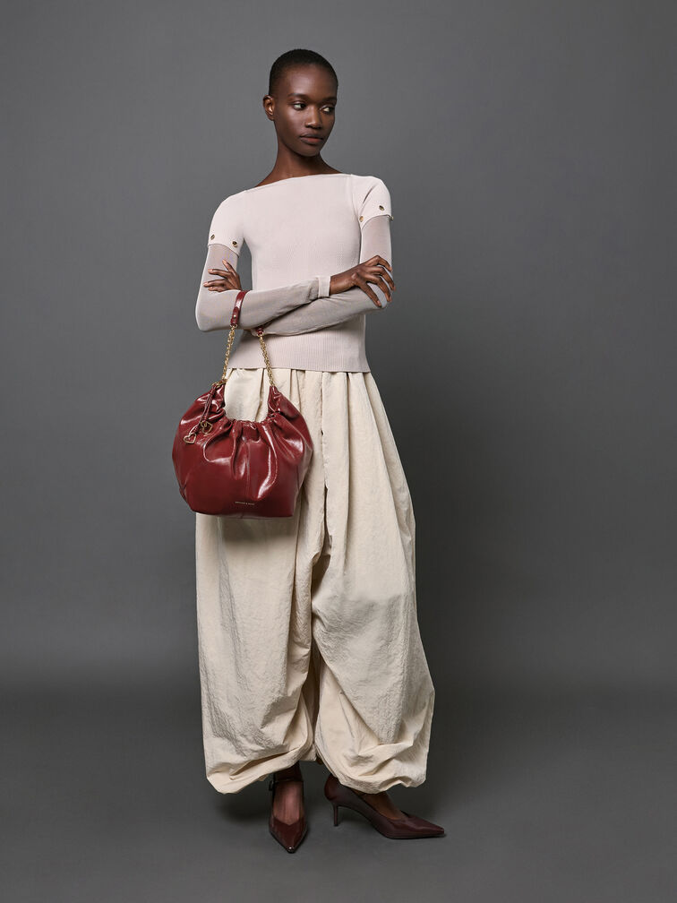 Ciara Ruched Hobo Bag, Burgundy, hi-res