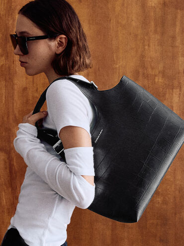 Liv Croc-Effect Tote Bag, Noir, hi-res
