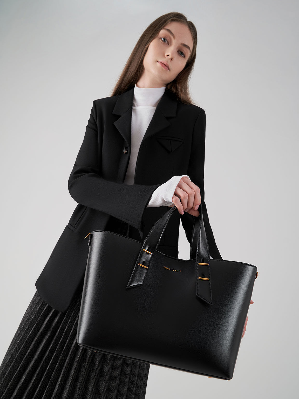 Black Metallic Accent Double Handle Bag - CHARLES & KEITH IN