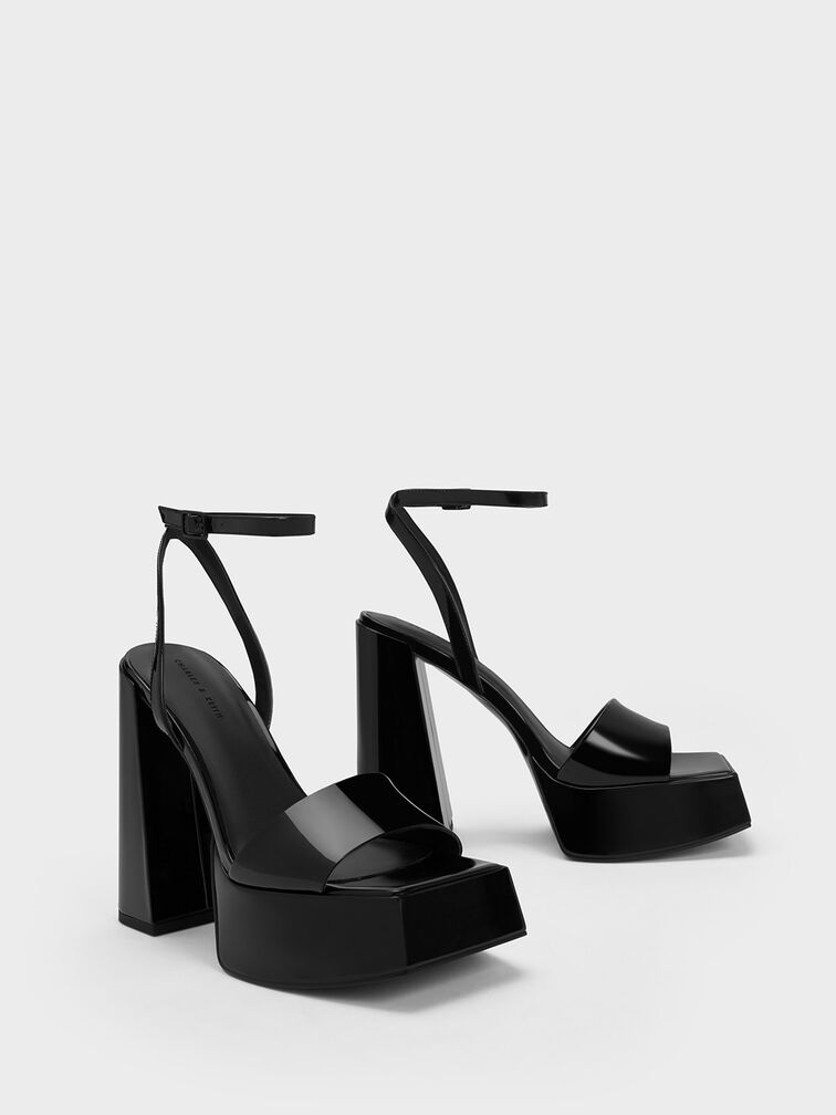 Patent Ankle-Strap Platform Sandals, Black, hi-res