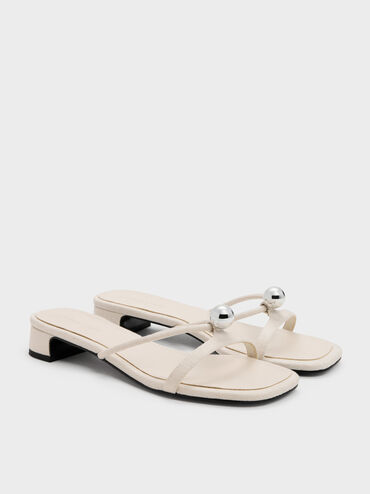 Georgie Linen Metal-Ball Heeled Sandals, Chalk, hi-res