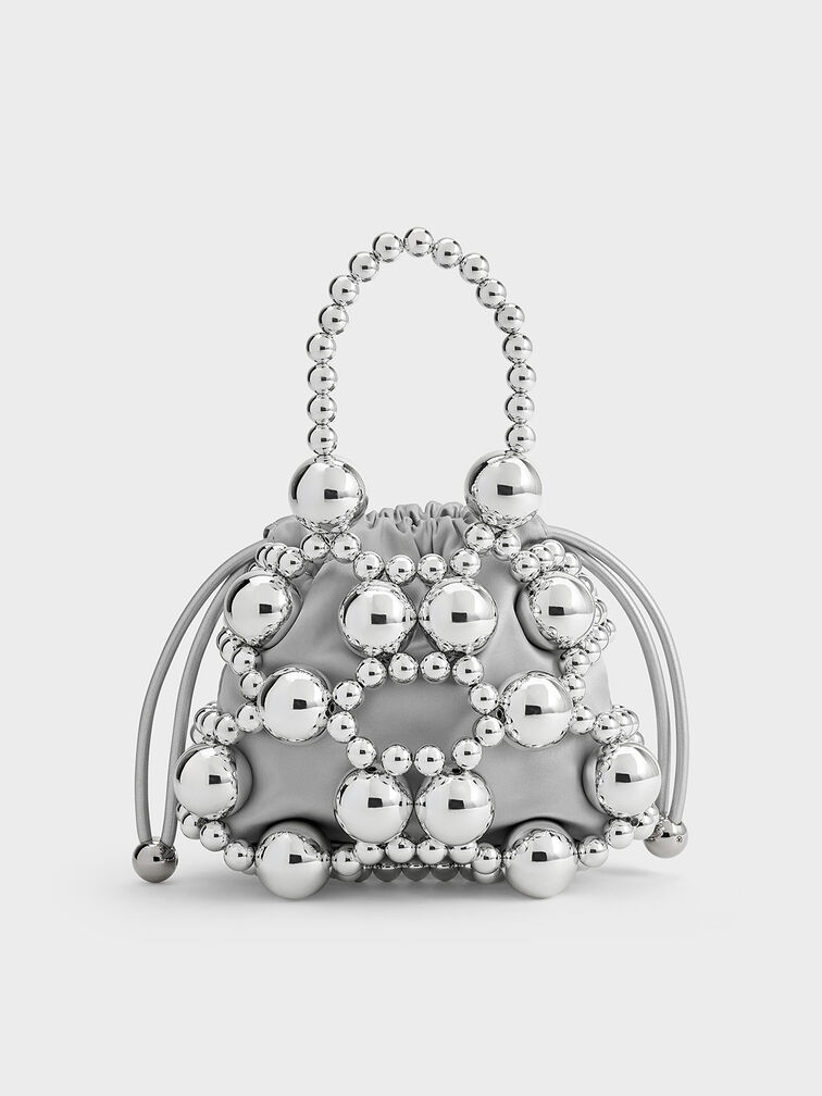 Metallic Beaded Top Handle Bag, Silver, hi-res