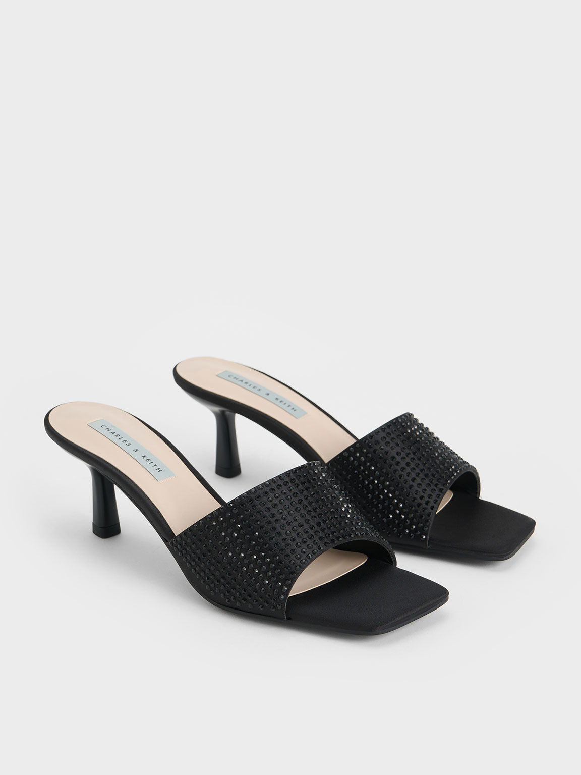 Black Textured Recycled Polyester Crystal-Embellished Heeled Mules -  CHARLES & KEITH IN