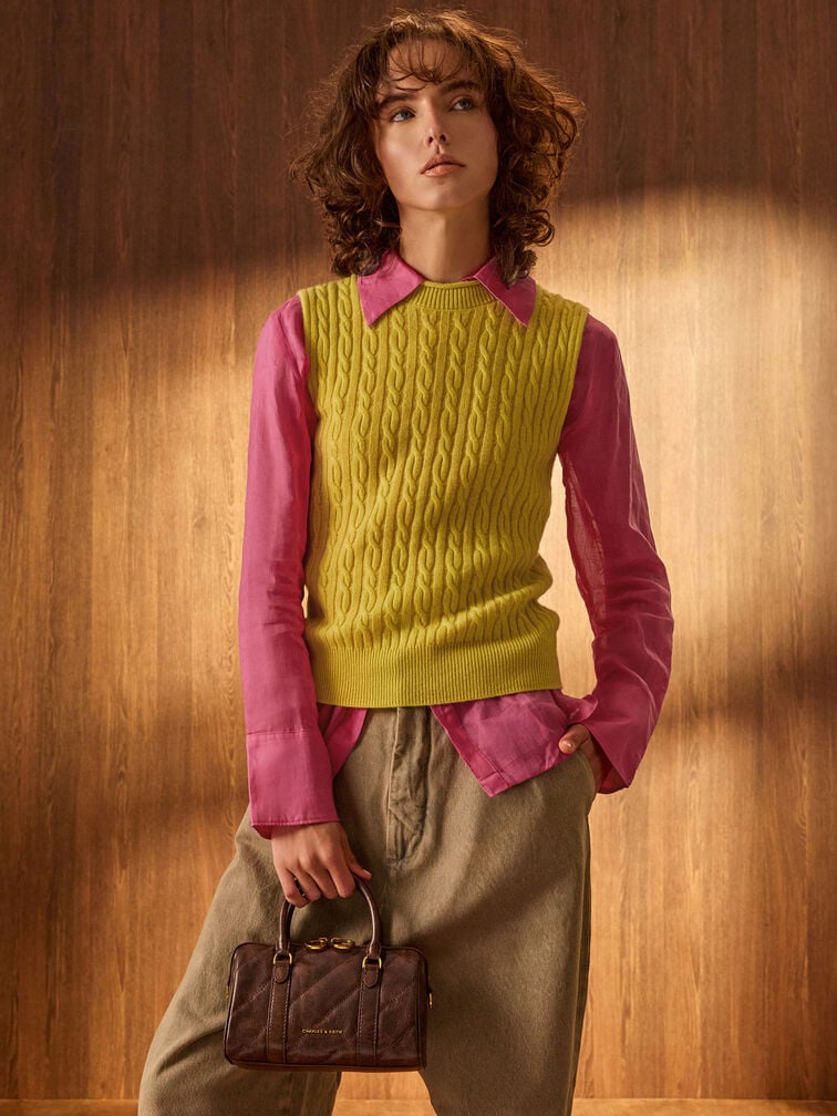 Philomena Panelled Chain-Handle Bowling Bag, Distressed Coffee, hi-res