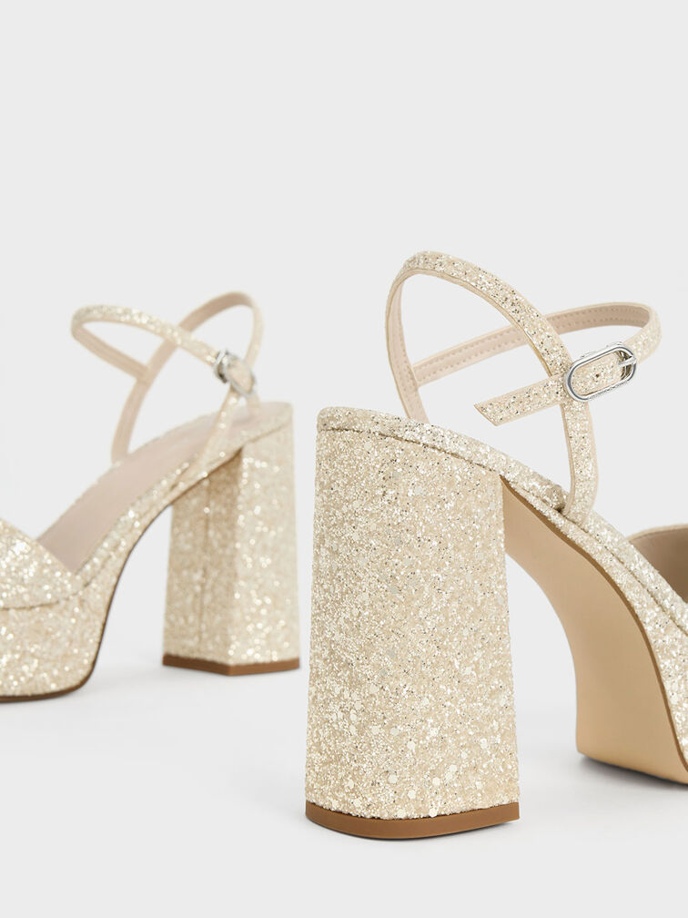 Glittered Ankle-Strap Platform Sandals, Gold, hi-res