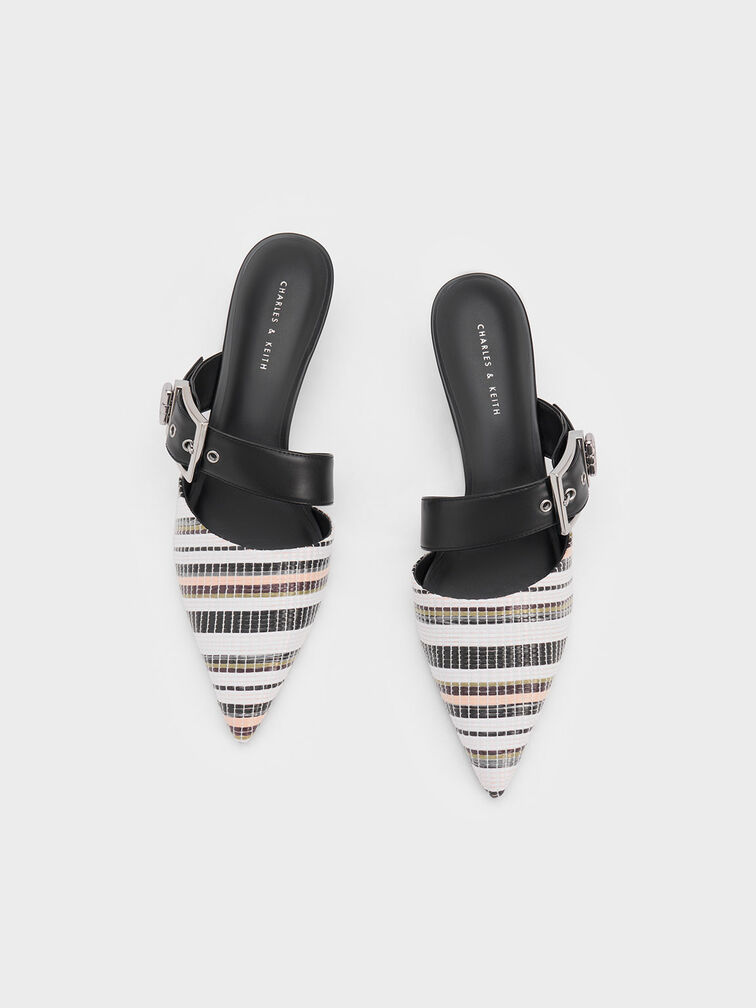 Asymmetric Buckle Striped Heeled Mules, Multi, hi-res