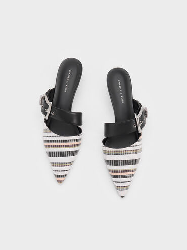 Asymmetric Buckle Striped Heeled Mules, Multi, hi-res