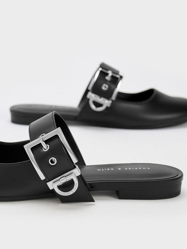 Buckled Flat Mules, Black, hi-res