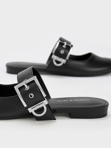Buckled Flat Mules, Black, hi-res