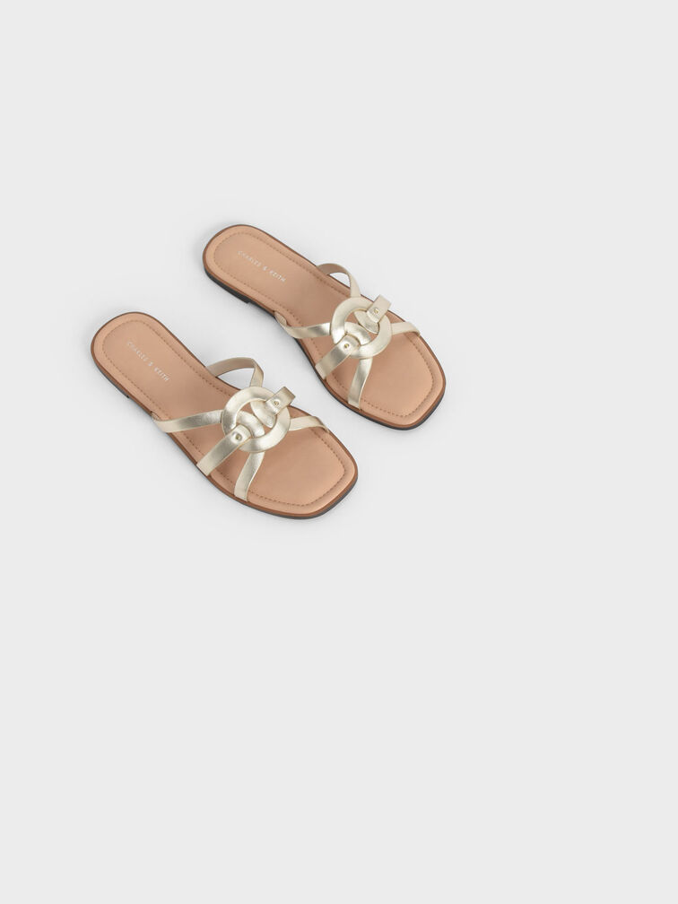 Ring Detail Metallic Strappy Flats, Gold, hi-res
