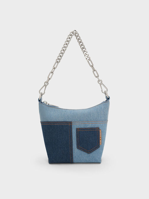 Anthea Denim Contrast-Trim Shoulder Bag, Denim Blue, hi-res