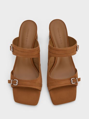 Faux Suede Buckled Double-Strap Heeled Mules, Cognac, hi-res