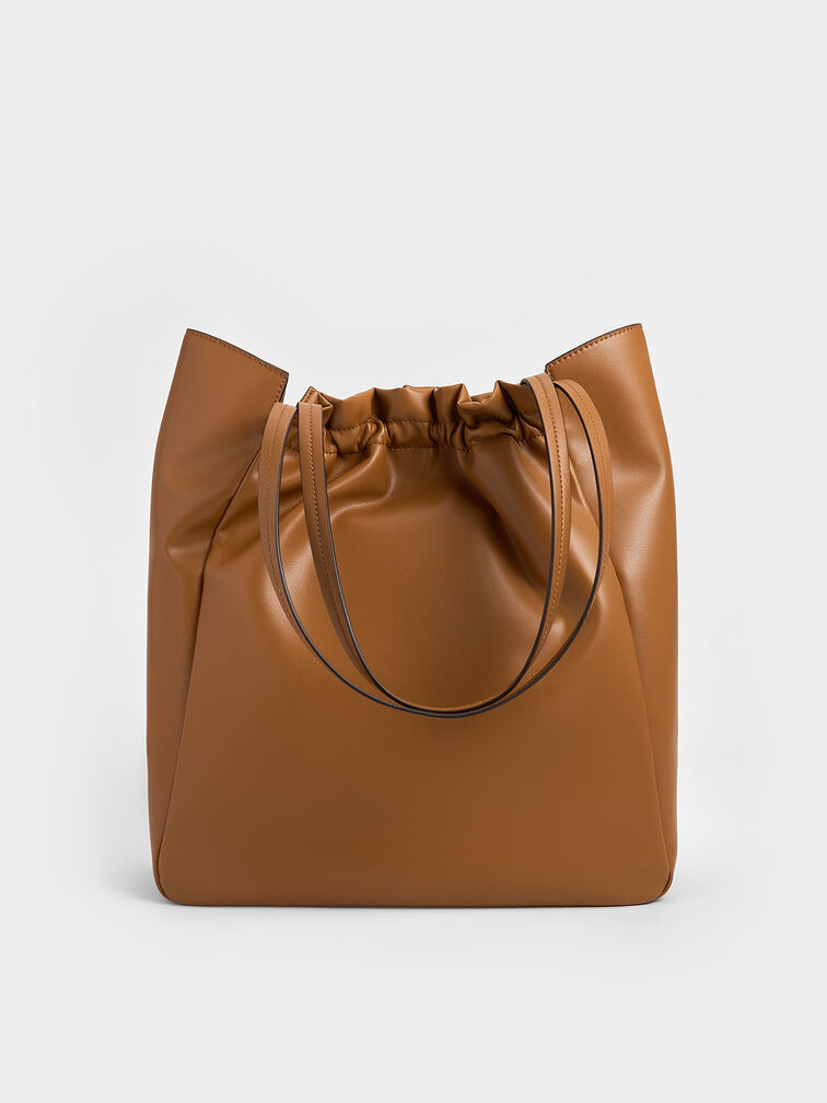 Brigette Ruched Tote Bag, Brown, hi-res