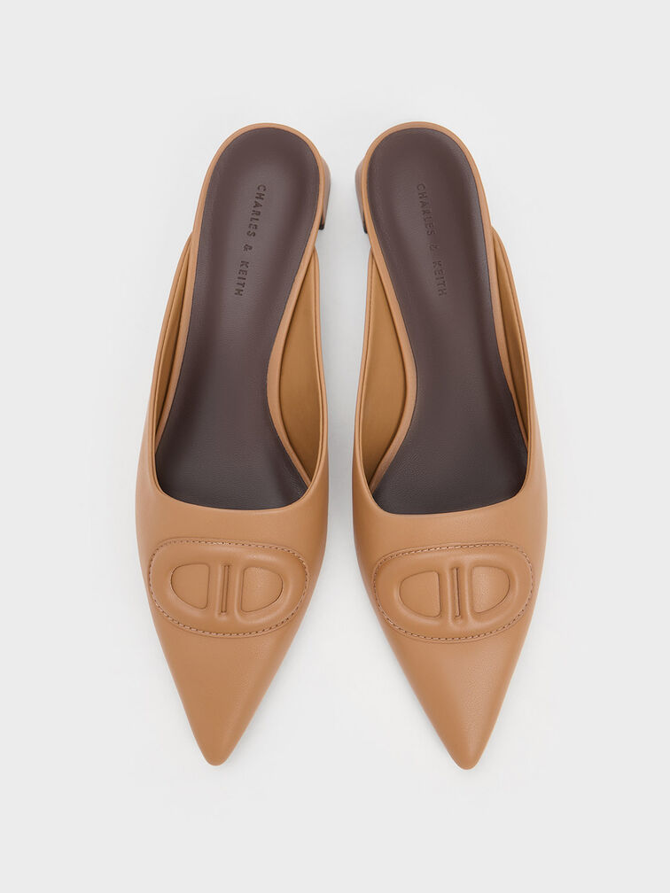 Oval Stitch-Trim Pointed-Toe Mules, Camel, hi-res