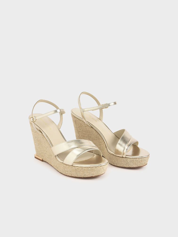 Metallic Asymmetric Strap Platform Wedges, Gold, hi-res