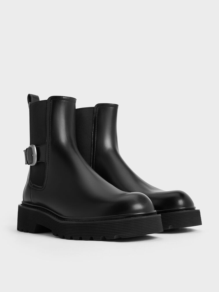 Side-Buckle Ridged-Sole Chelsea Boots, Black, hi-res