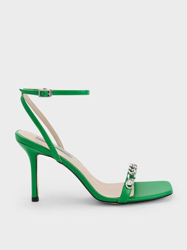 Chain-Embellished Ankle Strap Sandals, Green, hi-res