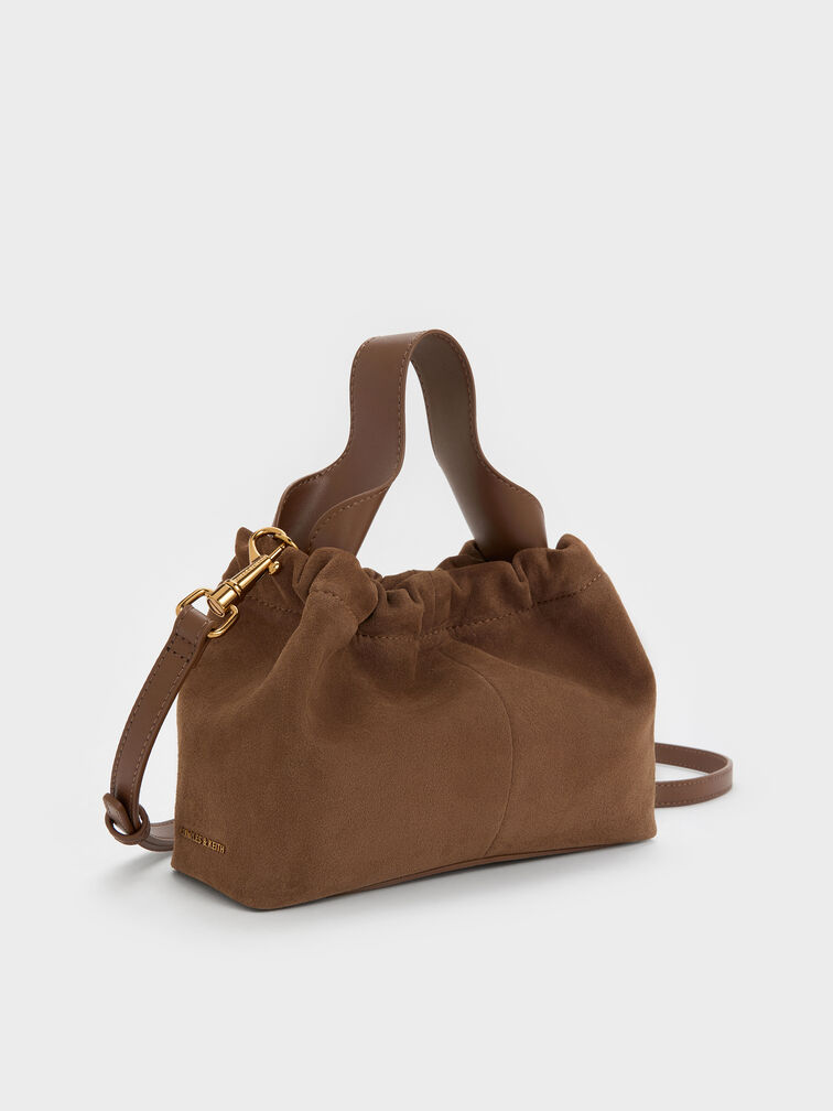 Ally Recycled Suede Ruched Slouchy Chain-Handle Bag, Mocha Brown, hi-res