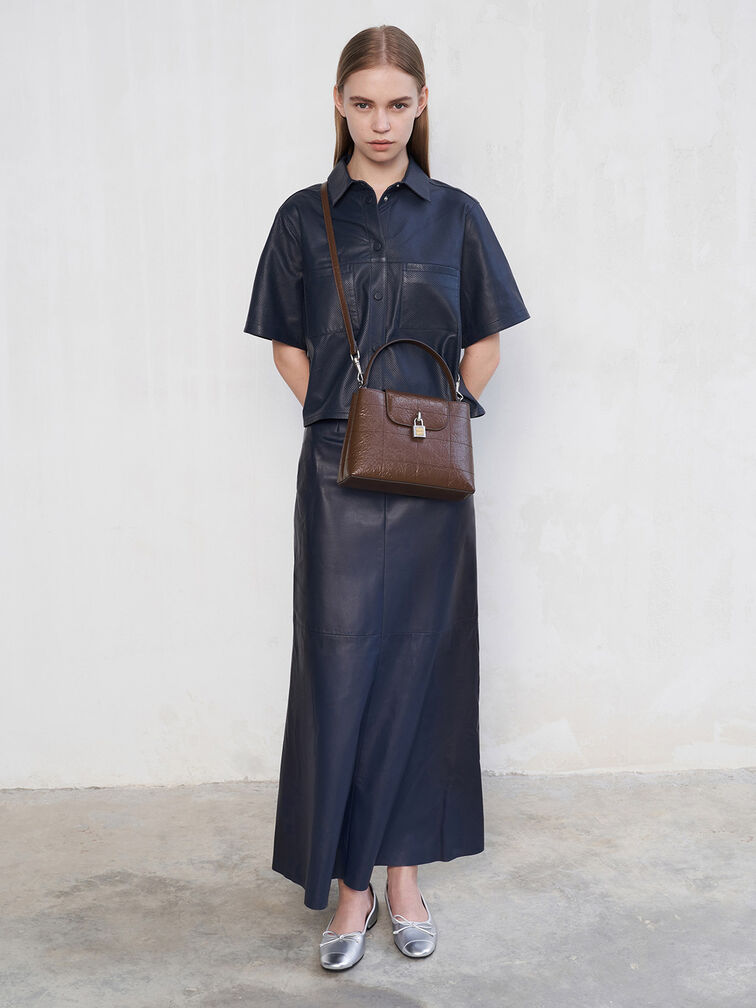 Suki Crinkle-Effect Top Handle Bag, Dark Brown, hi-res