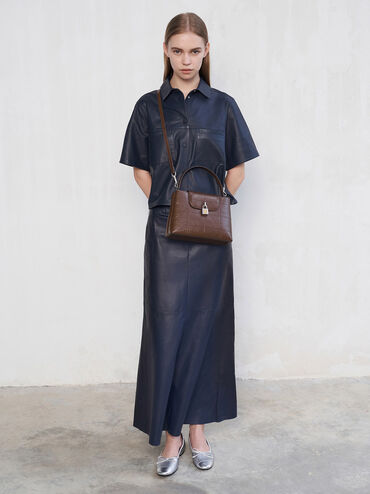 Suki Crinkle-Effect Top Handle Bag, Dark Brown, hi-res