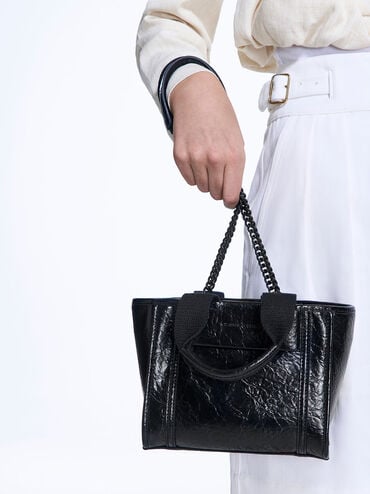 Shalia Crinkle-Effect Chain-Handle Tote Bag, Jet Black, hi-res