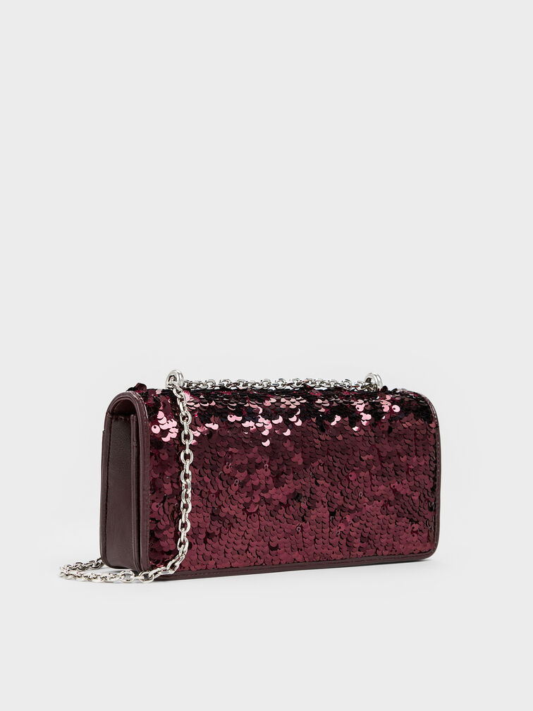 Paffuto Sequinned Wallet On Chain, Burgundy, hi-res