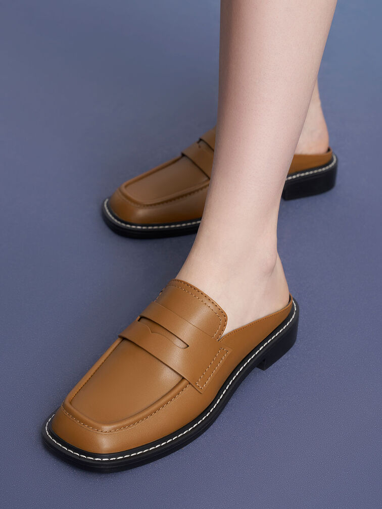 Stitch-Trim Penny Mules, Cognac, hi-res