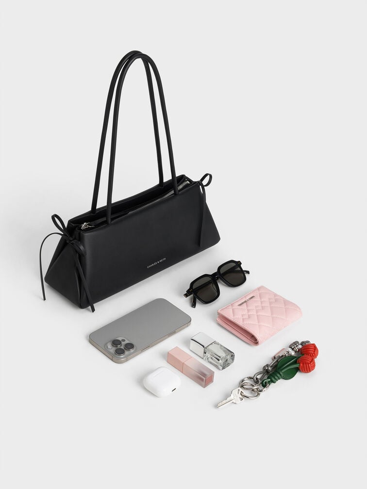 Hazel Bow Elongated Trapeze Shoulder Bag, Noir, hi-res