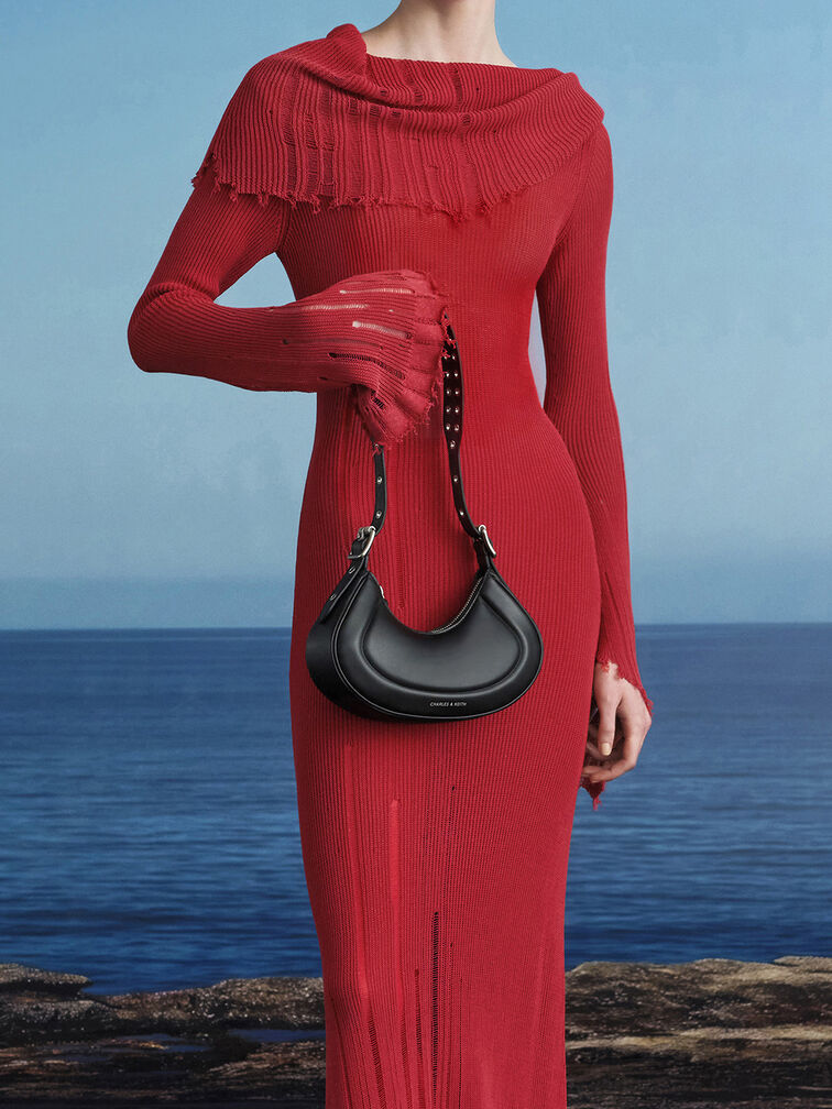 Petra Grommet-Strap Curved Shoulder Bag, Noir, hi-res