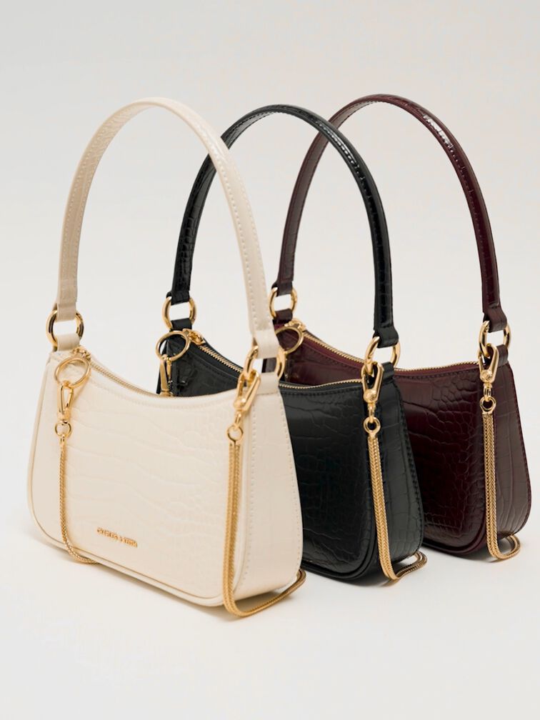 Elspeth Croc-Effect Chain-Link Shoulder Bag, Maroon Red Croco, hi-res