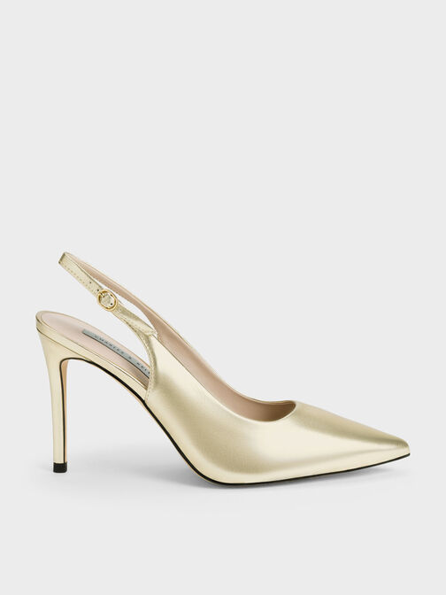 Metallic Stiletto Heel Slingback Pumps, Gold, hi-res