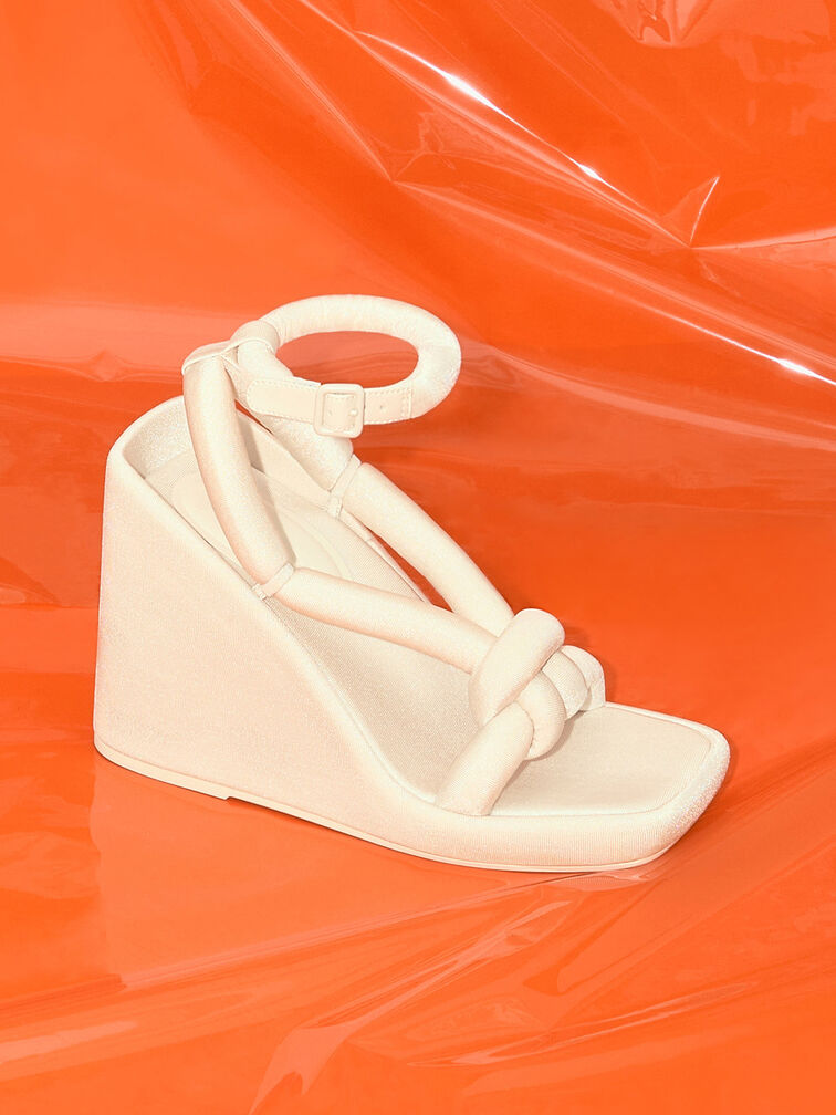 Toni Knotted Puffy-Strap Wedges, Black Textured, hi-res
