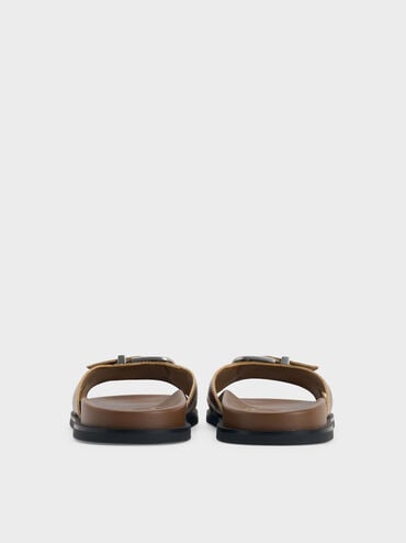 Stitch-Trim Buckled Slides, Cognac, hi-res