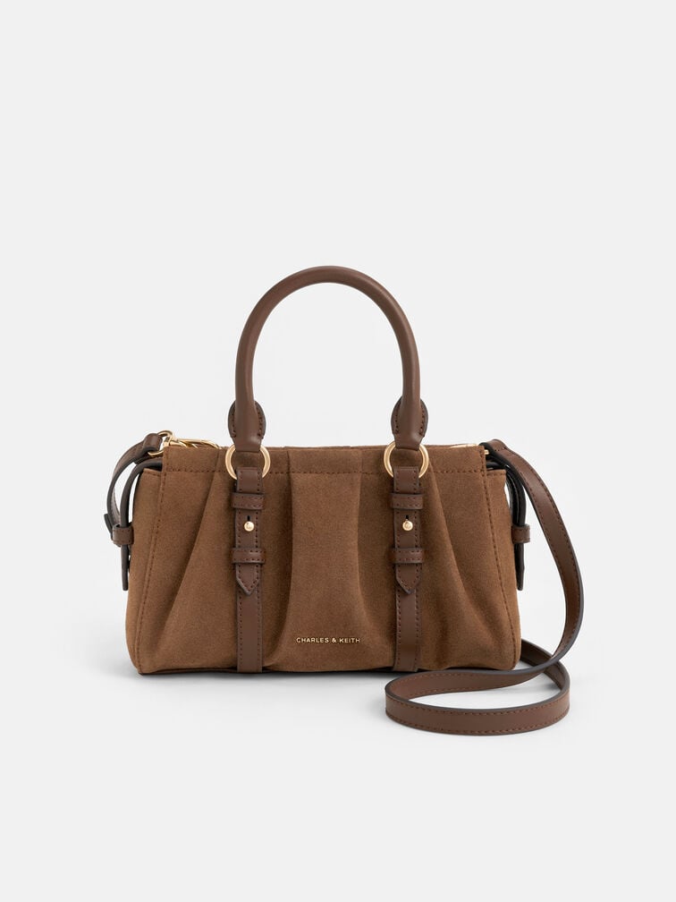 Britton Recycled Suede Ruched Top Handle Tote Bag, Mocha Brown, hi-res