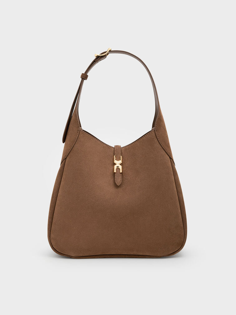 Adalyn Recycled Suede Metallic-Buckle Belted Hobo Bag, Mocha Brown, hi-res