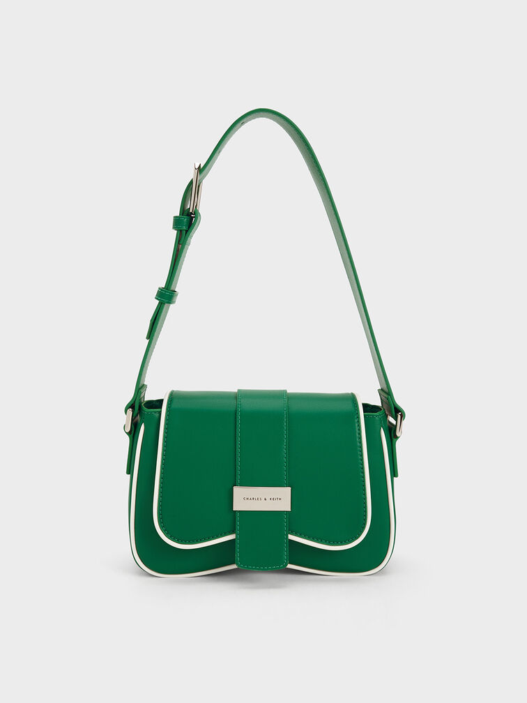 Belted Curved Shoulder Bag, Dark Green, hi-res