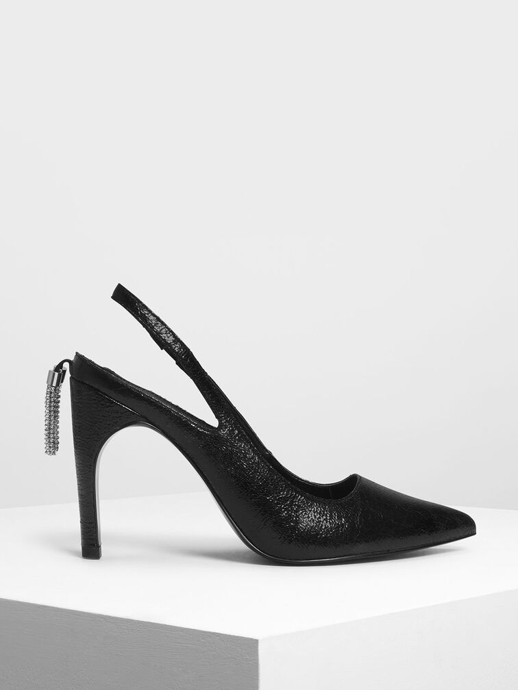 Embellished Tassel Slingback Heels, Black, hi-res