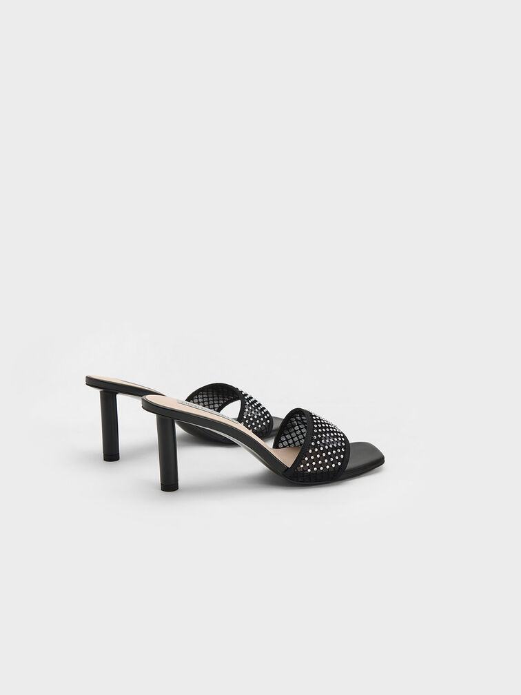 Gem-Encrusted Cylindrical Heel Mesh Sandals, Black Textured, hi-res