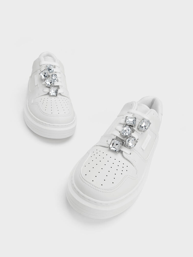 Gem-Embellished Platform Sneakers, White, hi-res