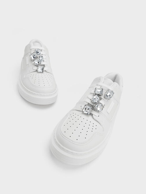 Gem-Embellished Platform Sneakers, White, hi-res
