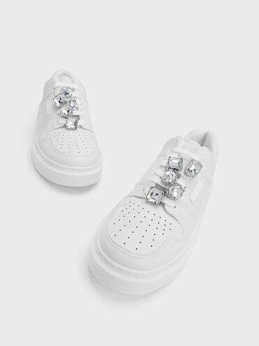 Gem-Embellished Platform Sneakers, White, hi-res