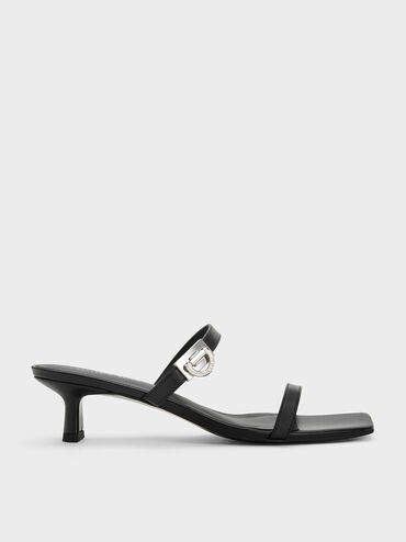 Metallic Accent Double Strap Mules, Black, hi-res